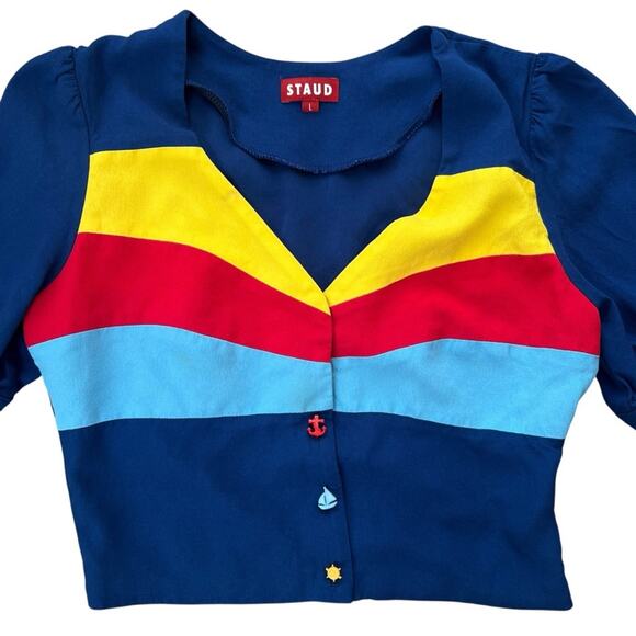 Staud Women’s Nautical Striped Navy Yellow Red Boxy Collared Button Blouse Top L - Picture 2 of 9